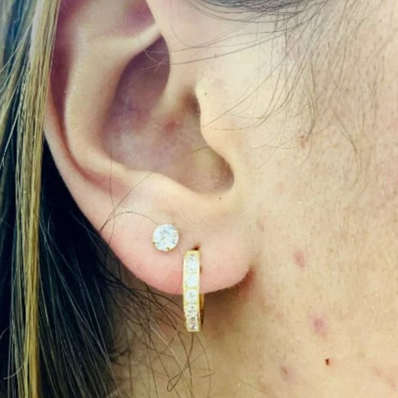 CZ Stud & Huggies Hoop Earrings Double Earrings for Women's Men's 14K Solid Gold - Picture 3 of 5